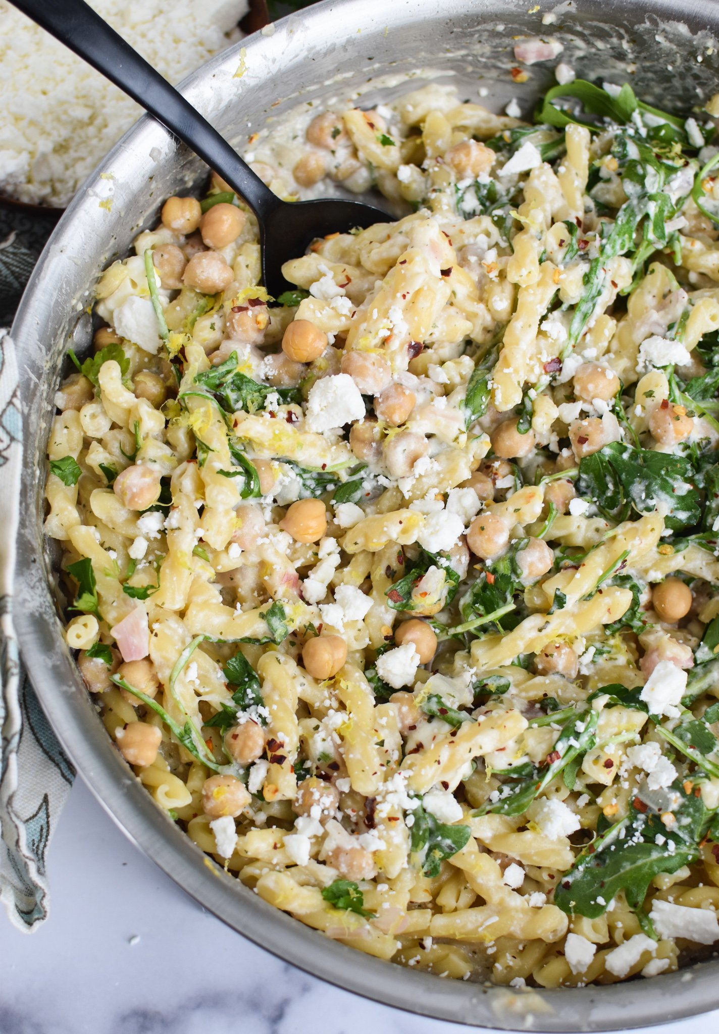 Chickpea Pasta Recipe with Feta in a pot. 