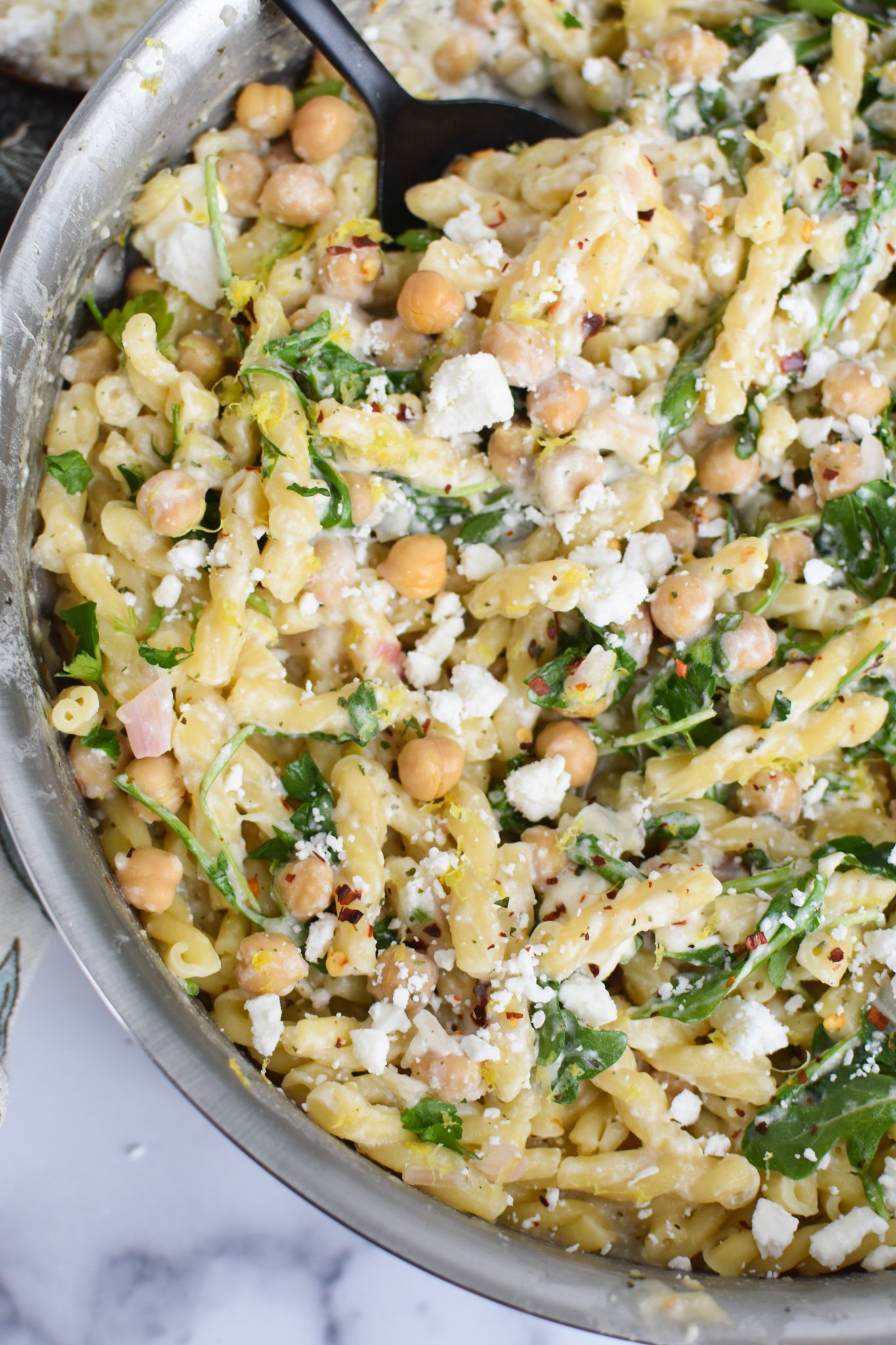 Chickpea Pasta Recipe with Feta with arugula. 