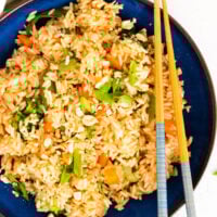 Instant Pot Fried Rice in a blue bowl.