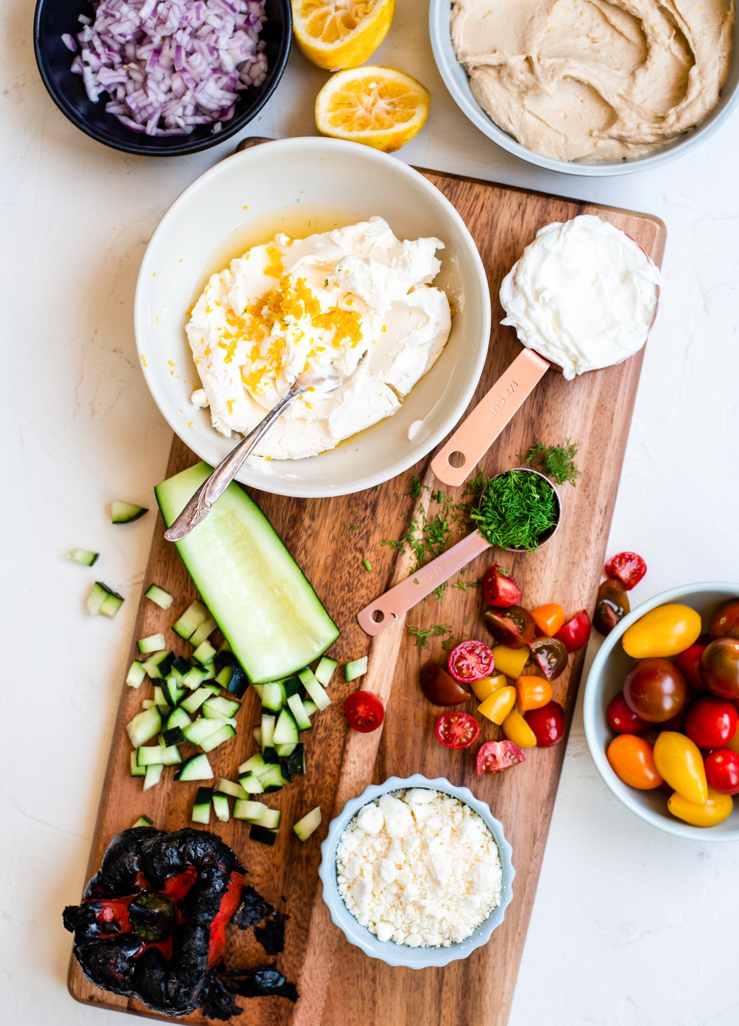 Layered Greek Dip ingredients. 