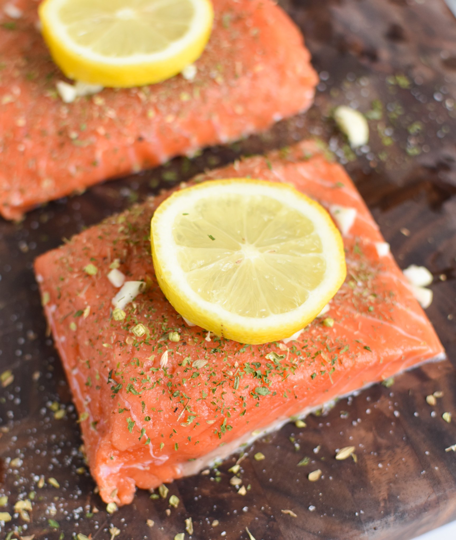 Pan Seared Greek Salmon with lemon slices. 