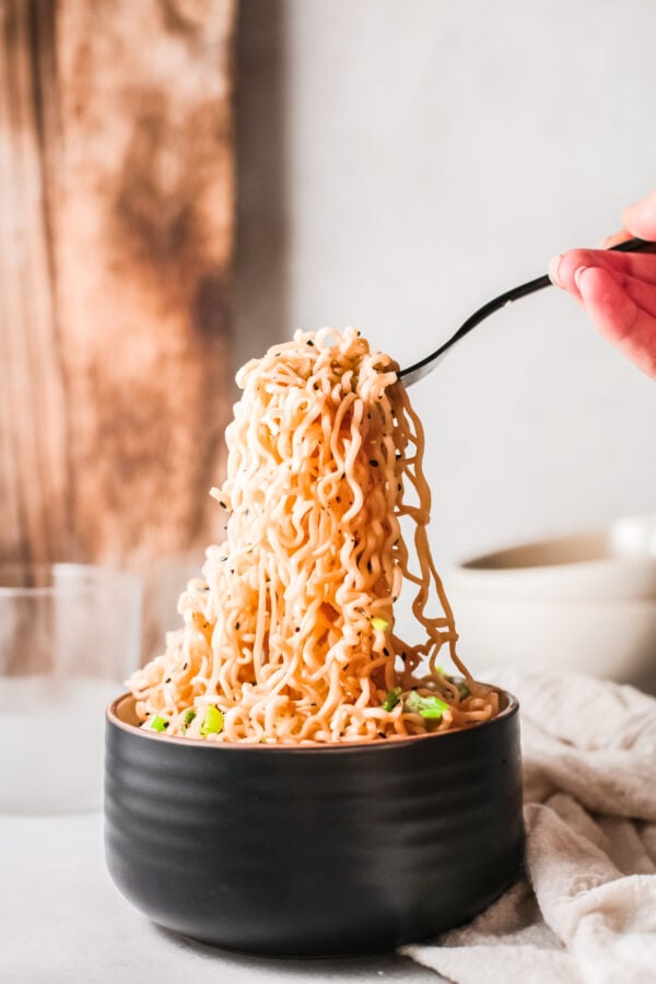 Spicy Ramen Noodle with fork.