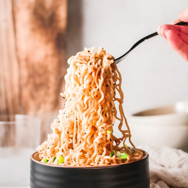 Spicy Ramen Noodle with fork.