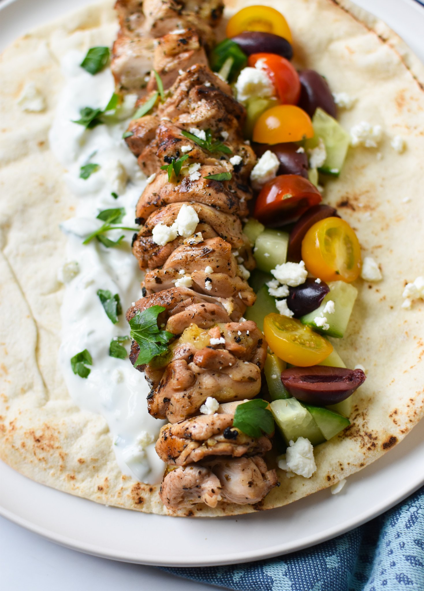 Chicken Souvlaki Recipe with tomatoes and feta cheese.