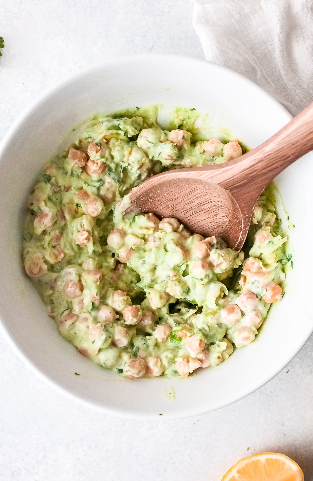 Chickpea Salad Sandwich in a white bowl. 