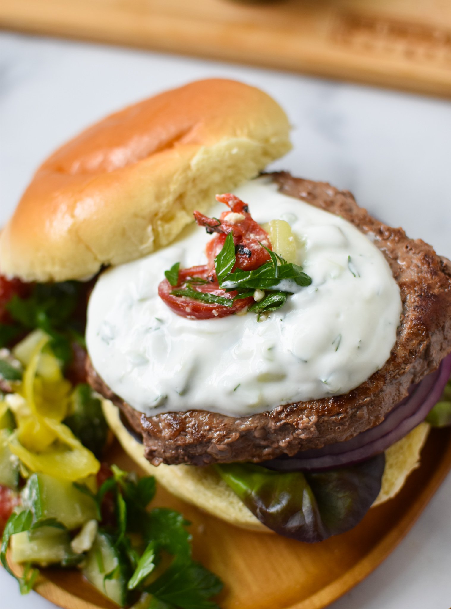 Easy Greek Burger Recipe with tzatziki. 