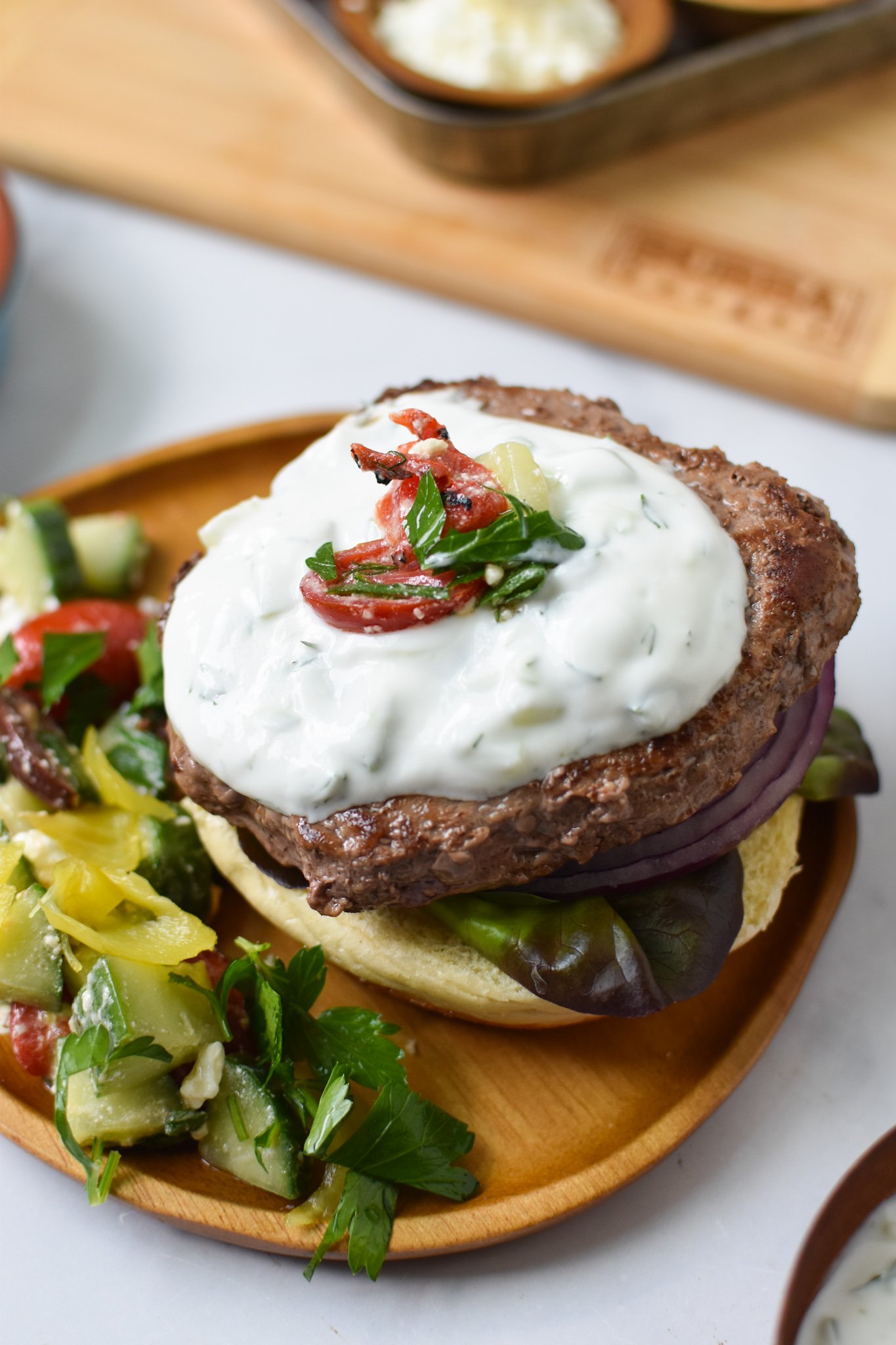 Easy Greek Burger Recipe with tzatziki. 