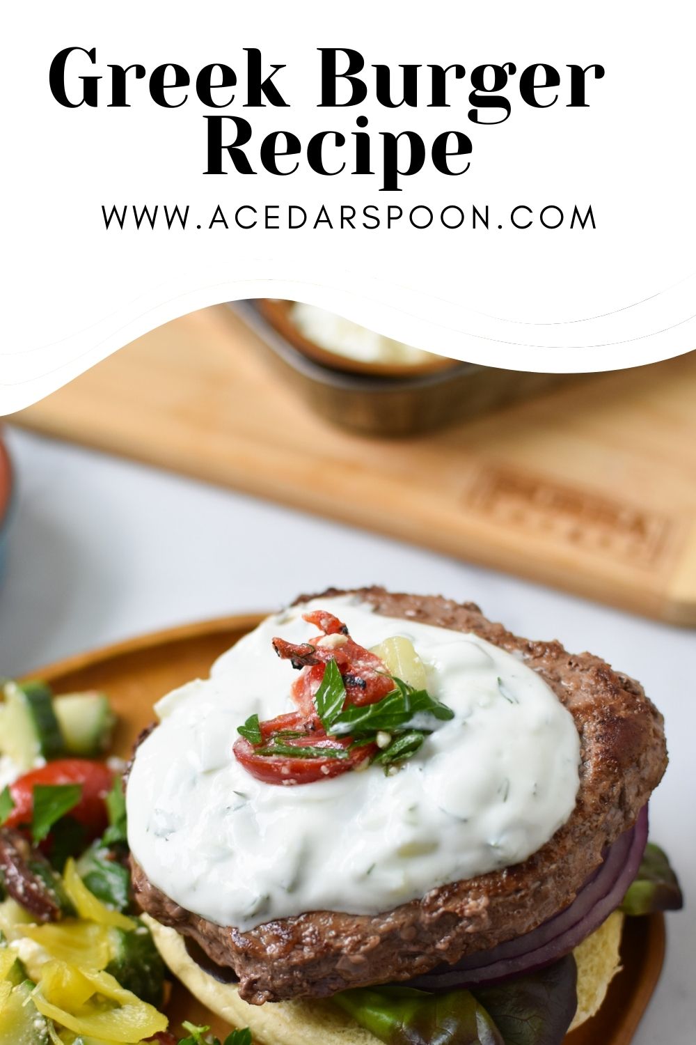 Easy Greek Burger Recipe with logo. 