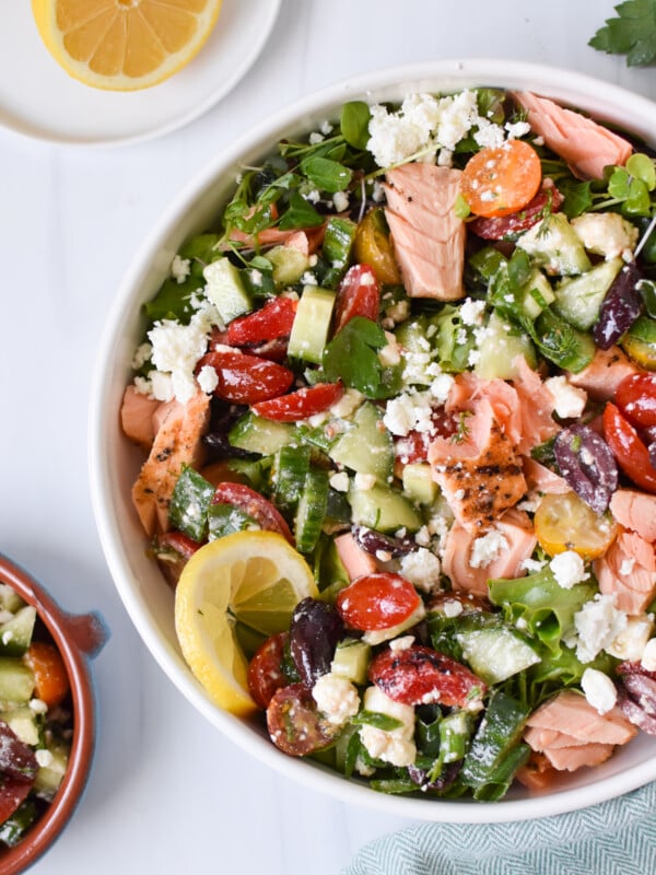 Mediterranean Salmon Bowl with spoon.