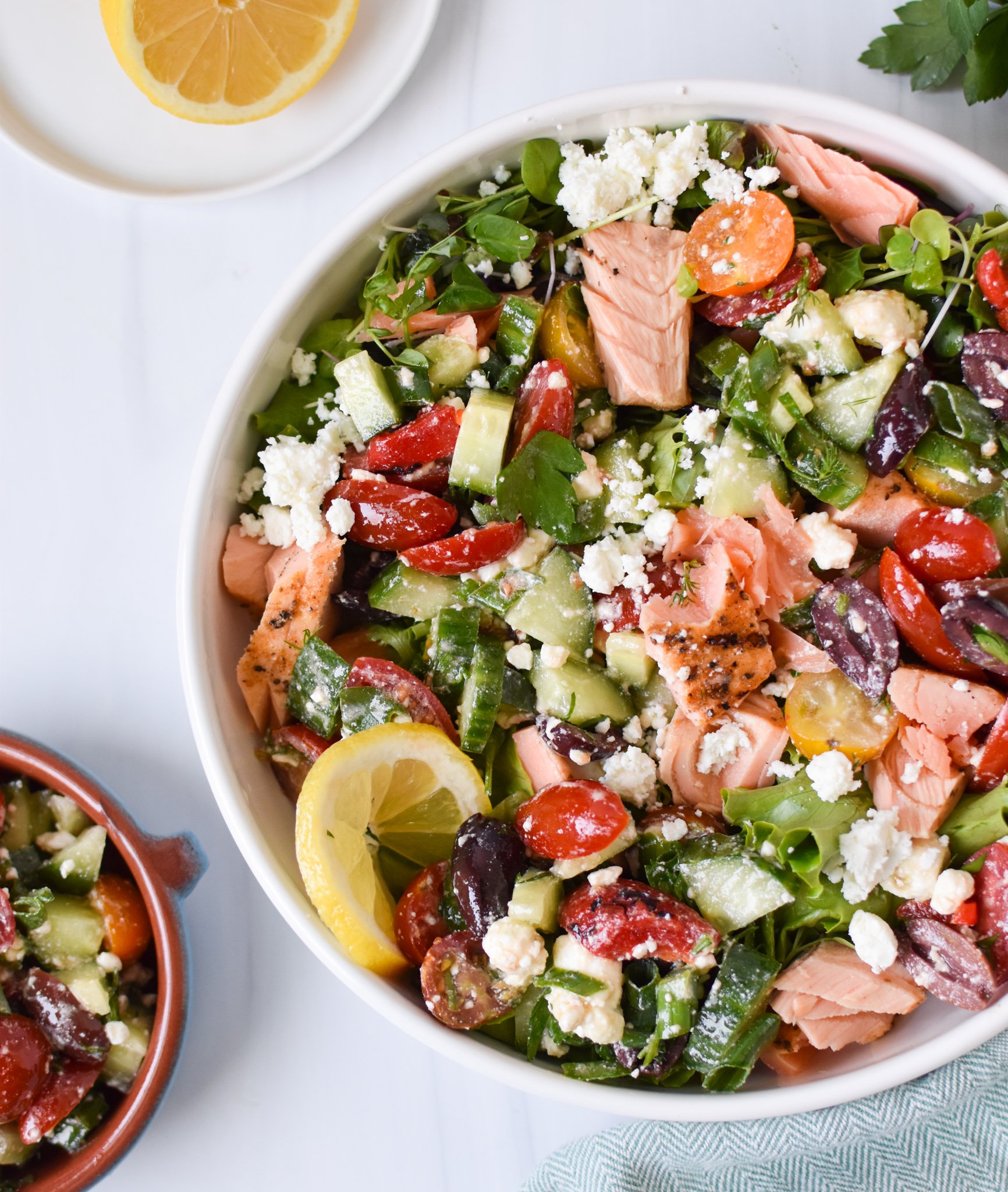 Mediterranean Salmon Bowl with spoon. 