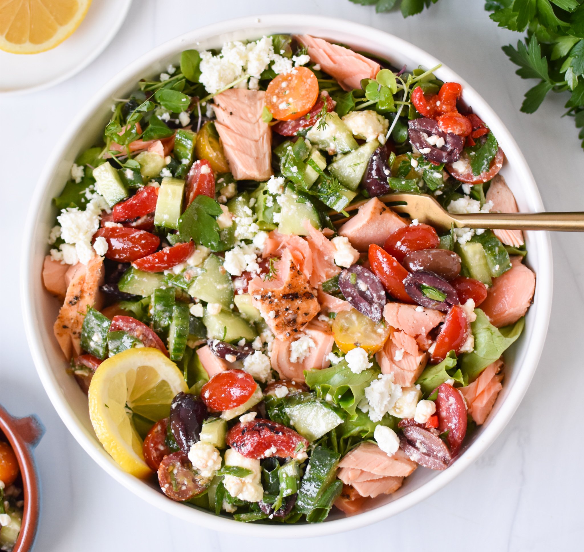Mediterranean Salmon Bowl in white bowl. 
