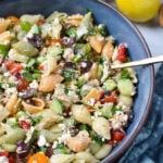 Mediterranean Tuna Pasta Salad in a blue bowl.