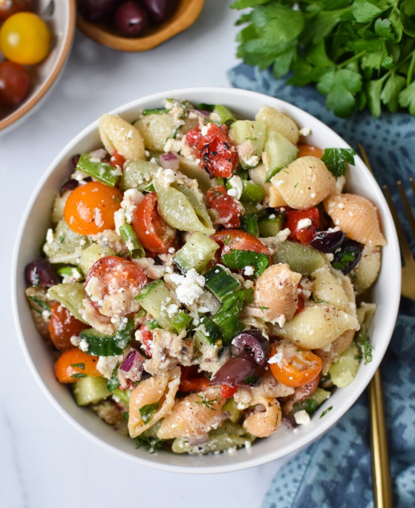 Mediterranean Tuna Pasta Salad in a bowl.