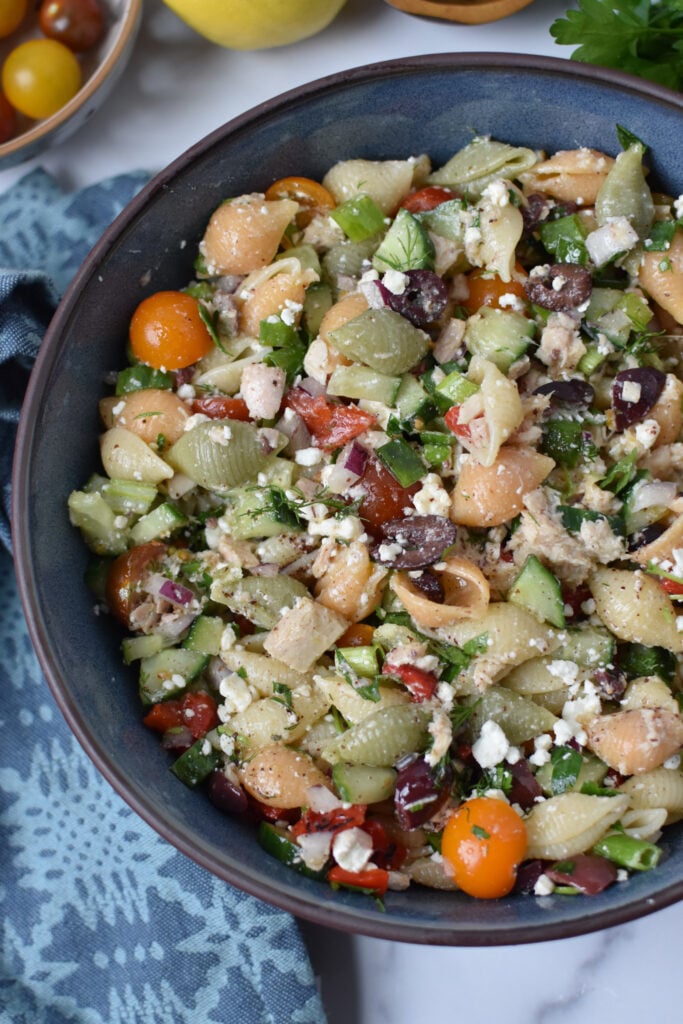 Mediterranean Tuna Pasta Salad in a blue bowl 