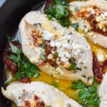 Sun-dried Tomato Goat Cheese Stuffed Chicken Breasts with basil.