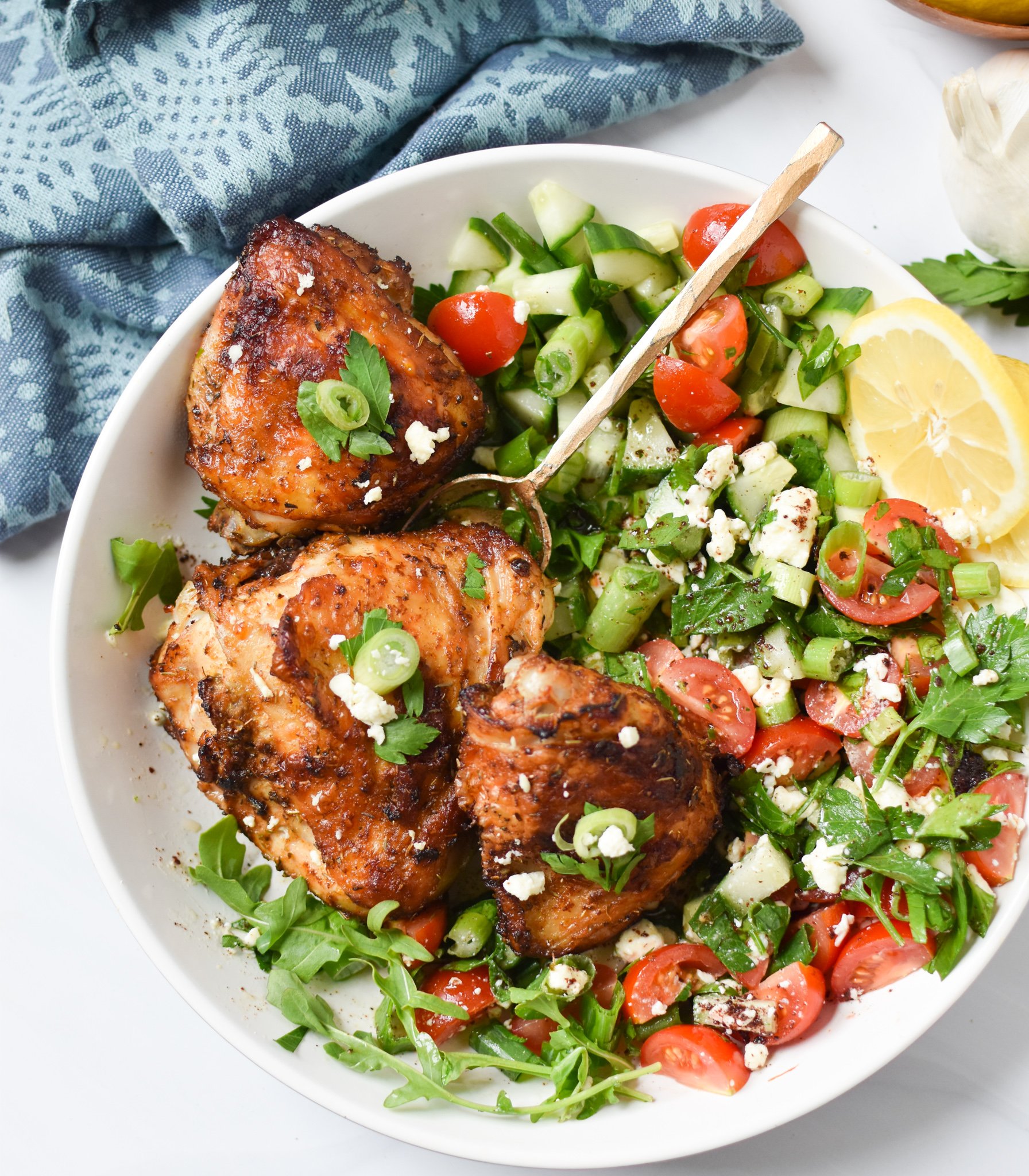 Air Fryer Mediterranean Chicken Thighs in a bowl. 