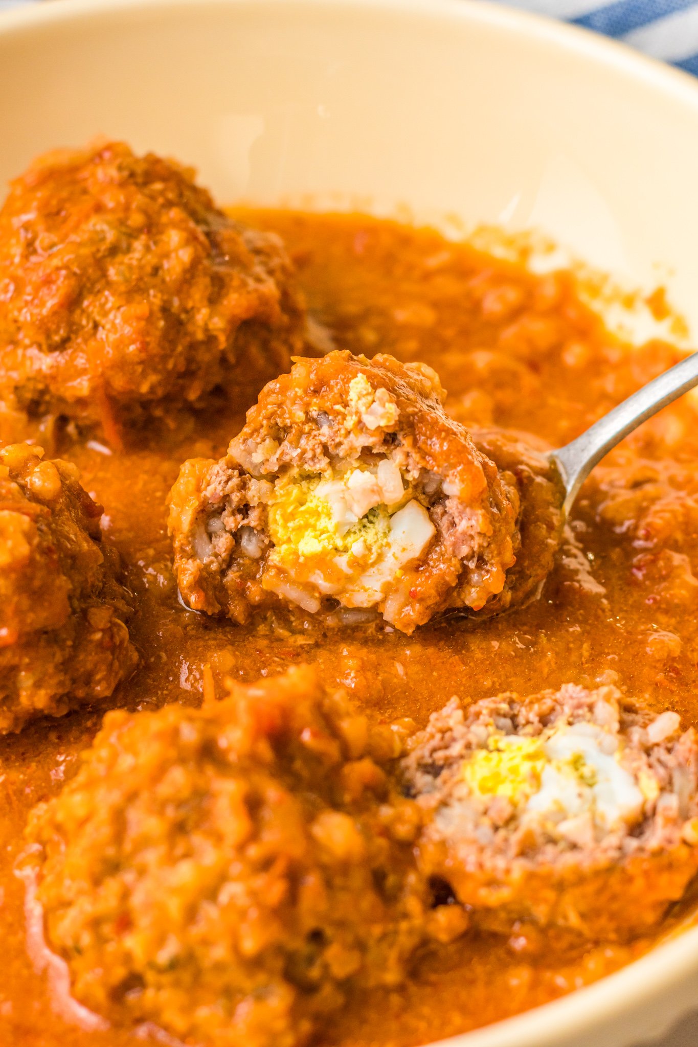 Albondigas en Chipotle eggs in a meatball.