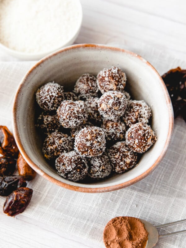 Easy Date Protein Balls in bowl.