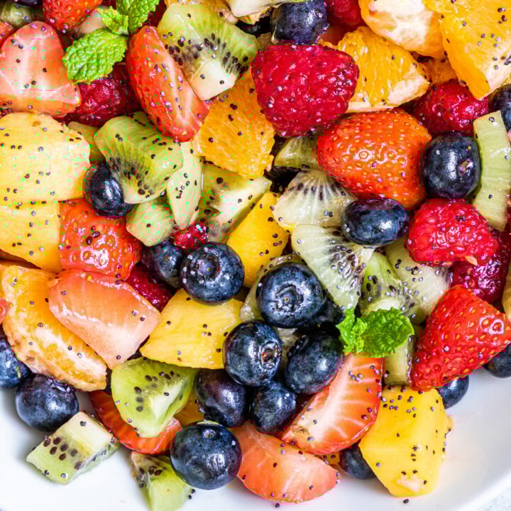 Fruit Salad with Lemon Poppy Seed Dressing on a bowl.