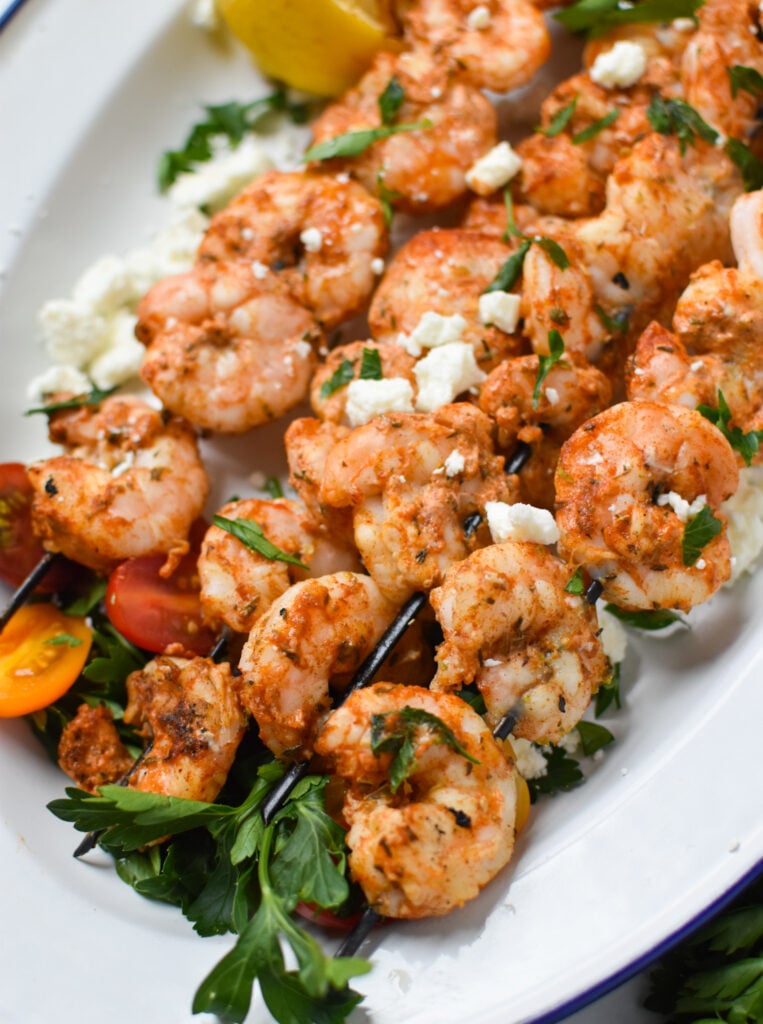 Mediterranean Grilled Shrimp Skewers with feta cheese.