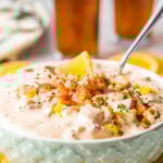 Shrimp Dip Recipe in light blue bowl with spoon.