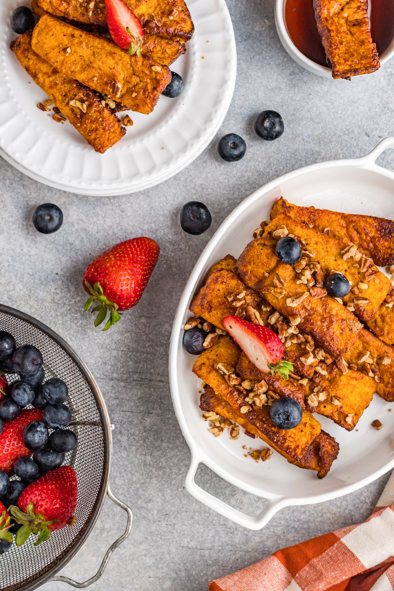 Air Fryer French Toast Sticks in casserole dish. 