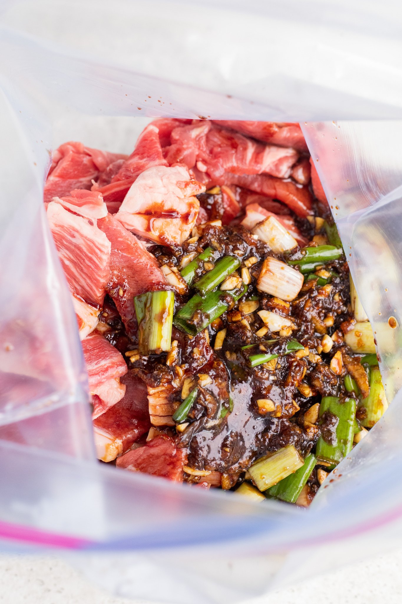 Beef Bulgogi with Zucchini Noodles marinade in a ziplock. 