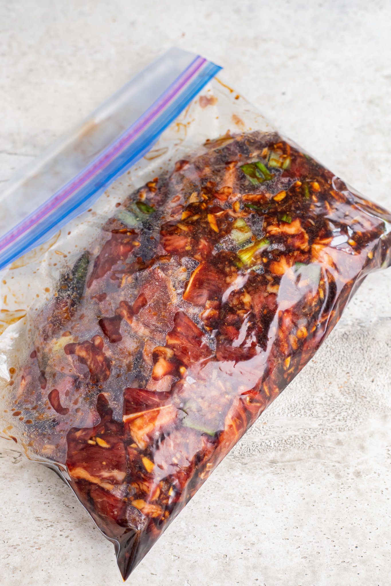 Beef Bulgogi with Zucchini Noodles with marinade in a ziplock. 