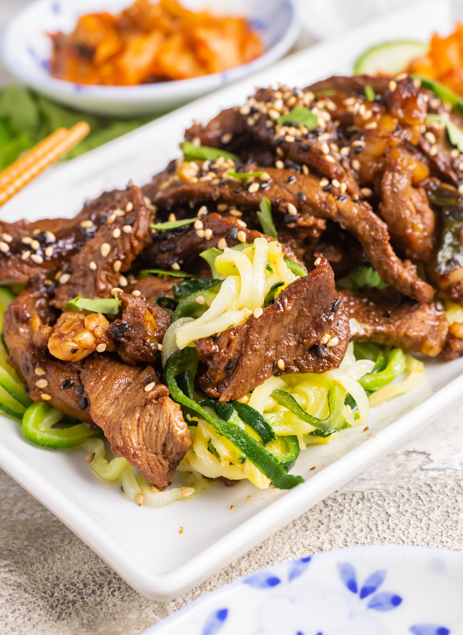 Beef Bulgogi with Zucchini Noodles with zucchini noodles. 