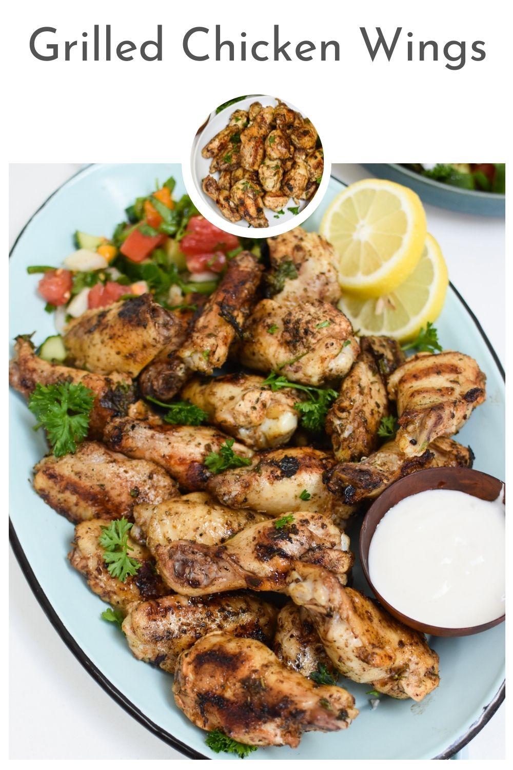 Grilled Mediterranean Chicken Wings with logo.