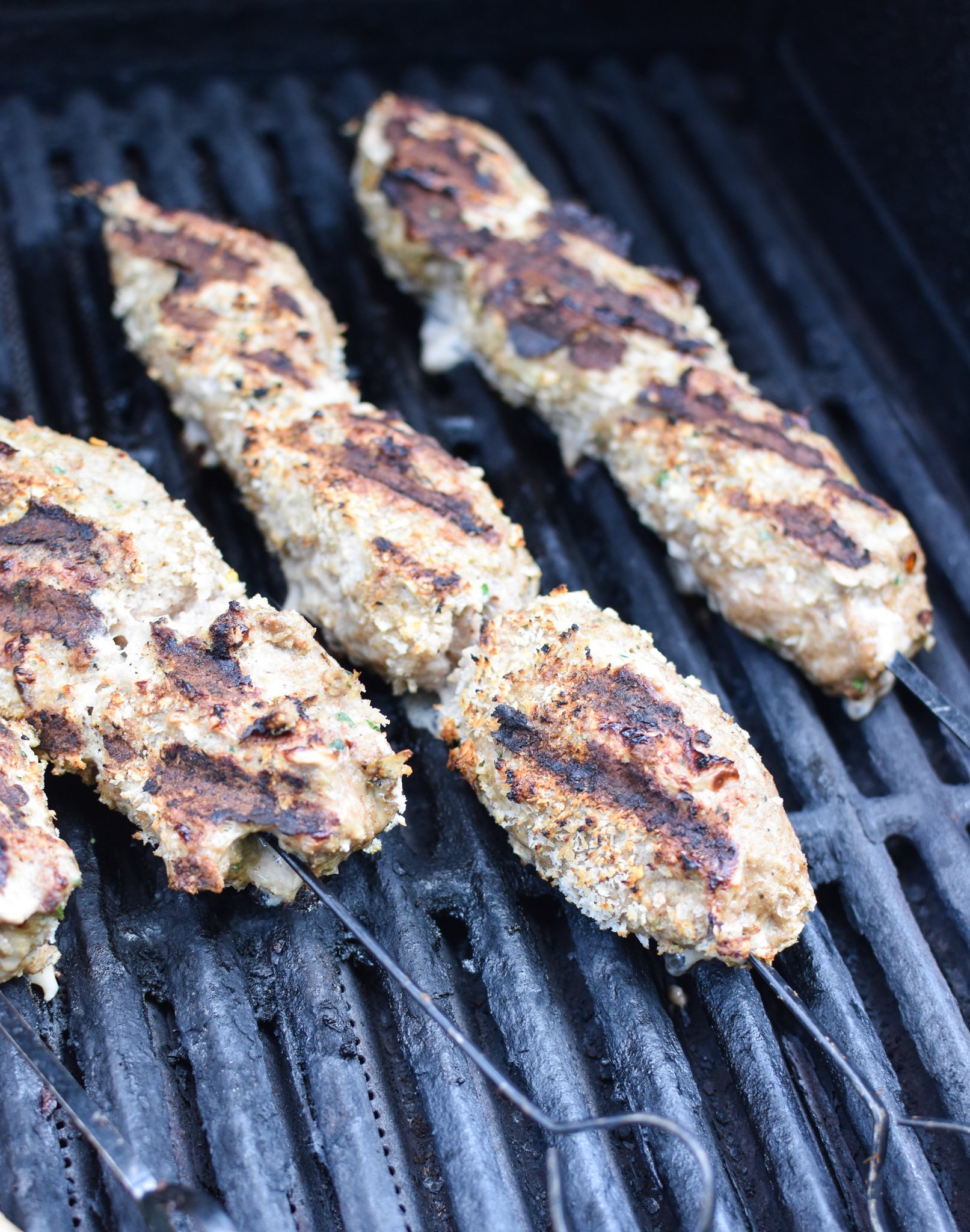 Turkey Kofta Kebab Recipe kebabs on gril. 