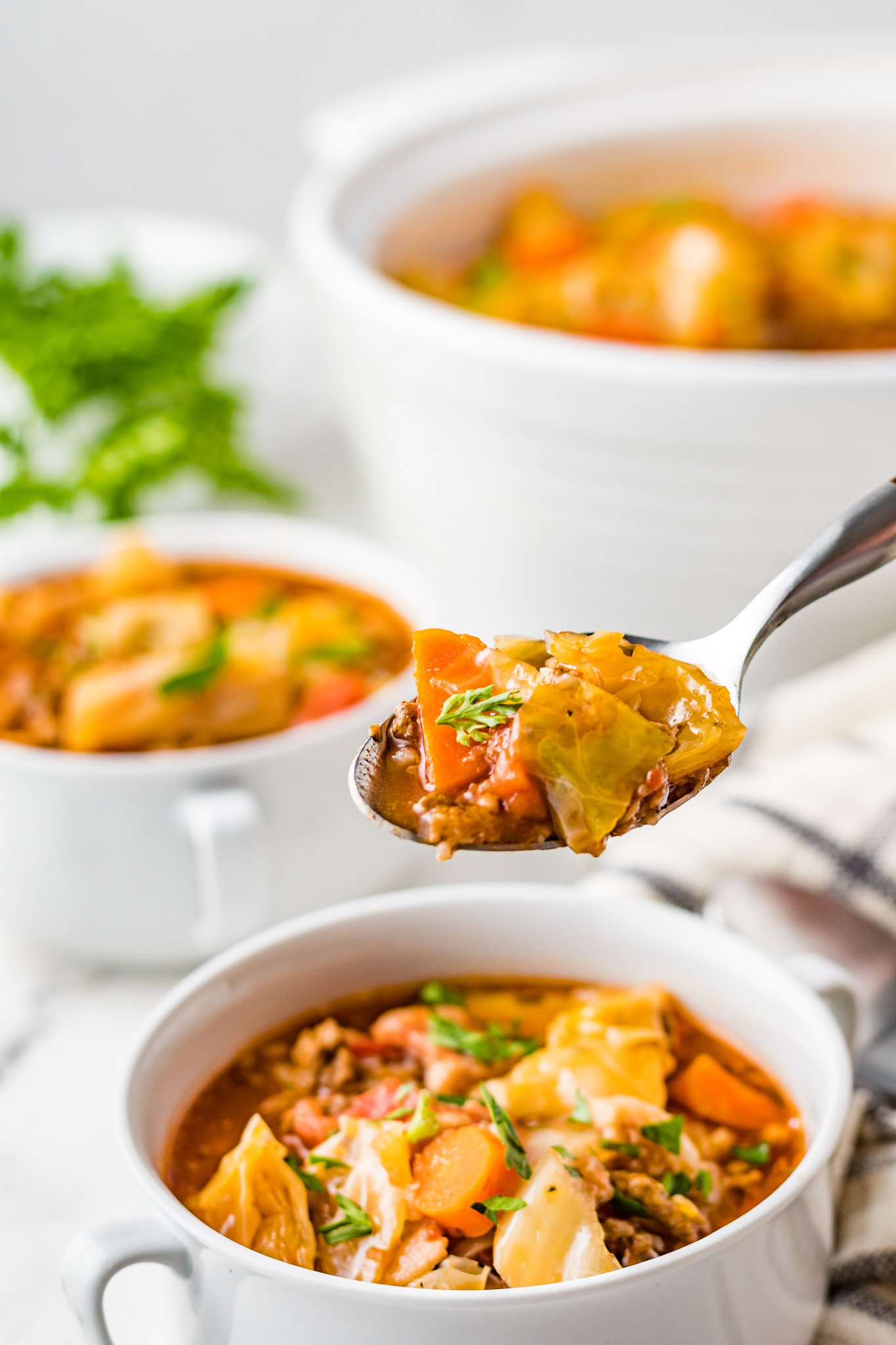 Cabbage Roll Soup with spoon. 