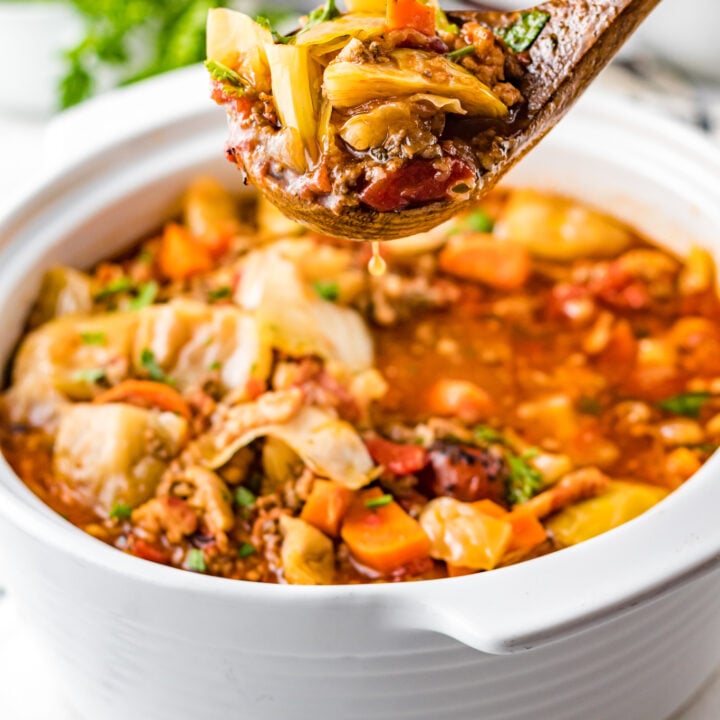 Cabbage Roll Soup in a white pot.