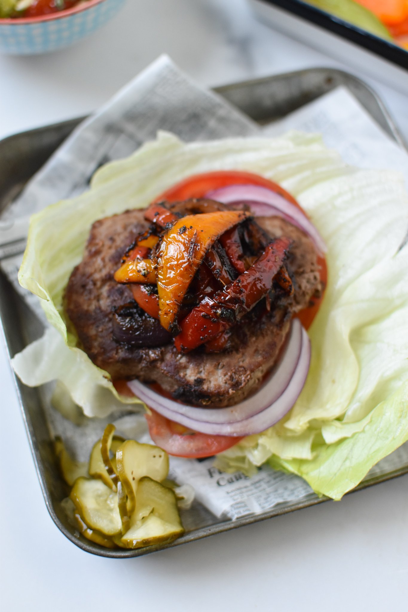 Fajita Lettuce Burger with bell peppers. 