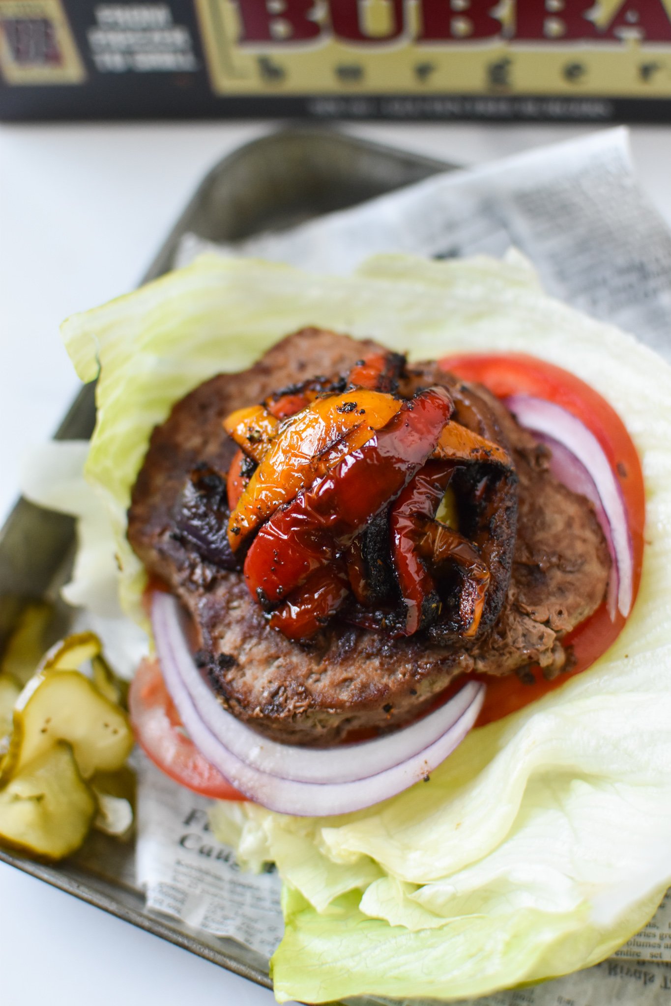 Fajita Lettuce Burger on metal plate.