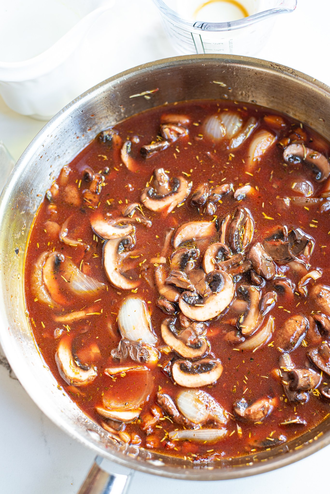 Mushroom Bourguignon mushrooms in pan.