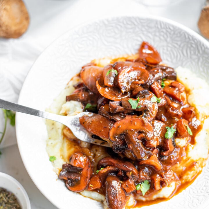Mushroom Bourguignon with fork.
