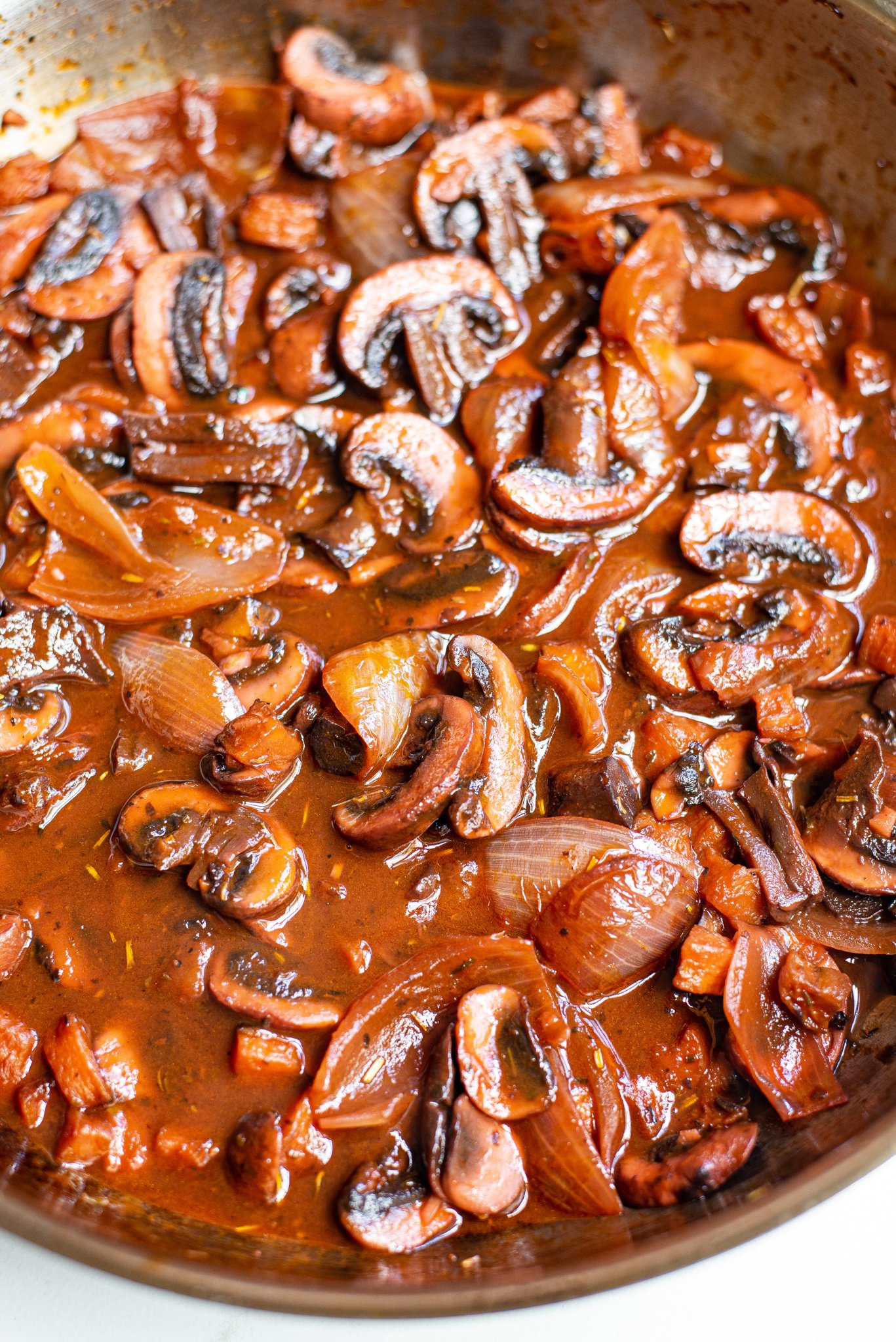 Mushroom Bourguignon in a skillet. 