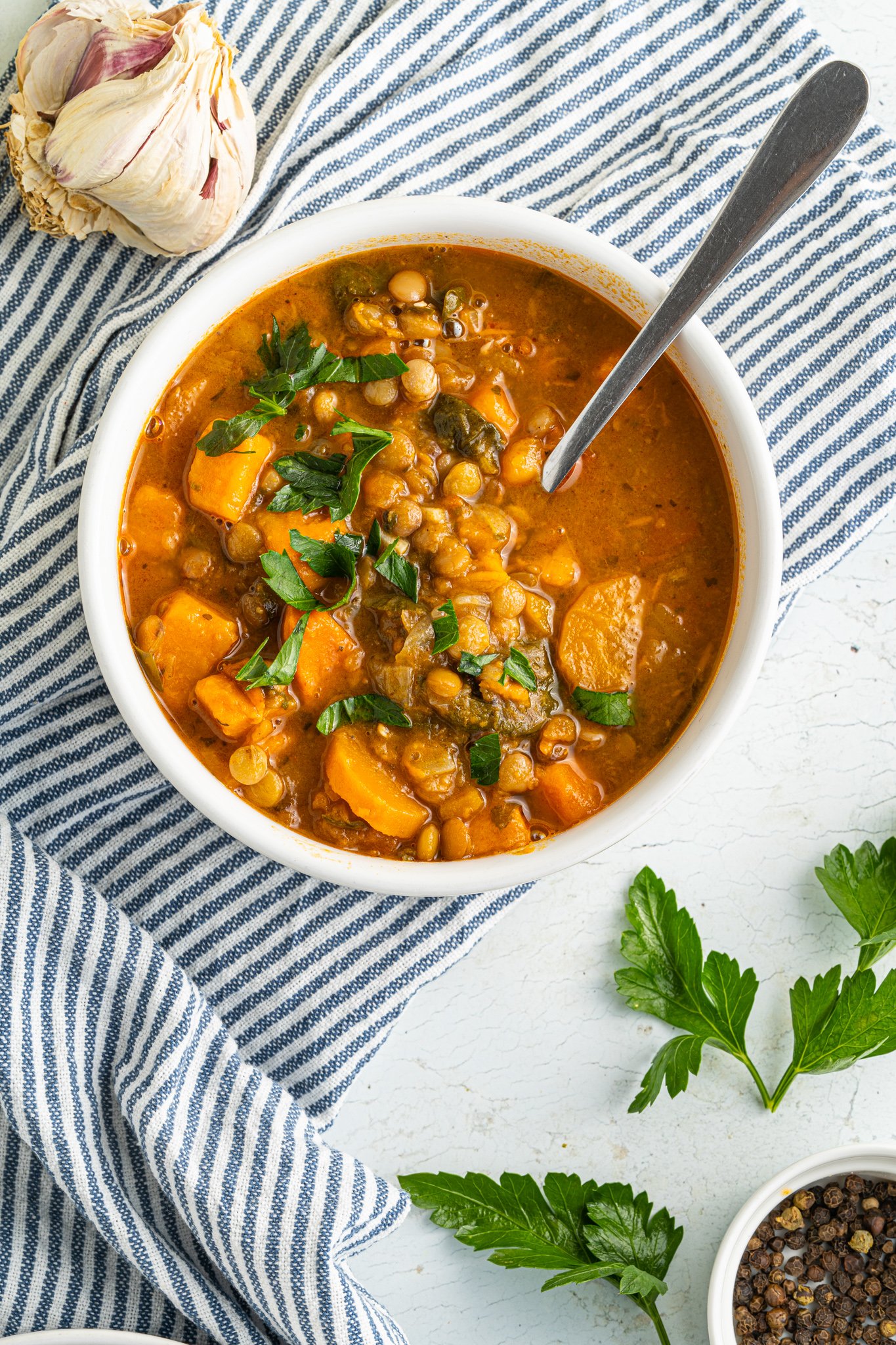 Lentil Sweet Potato Stew Recipe with parsley. 
