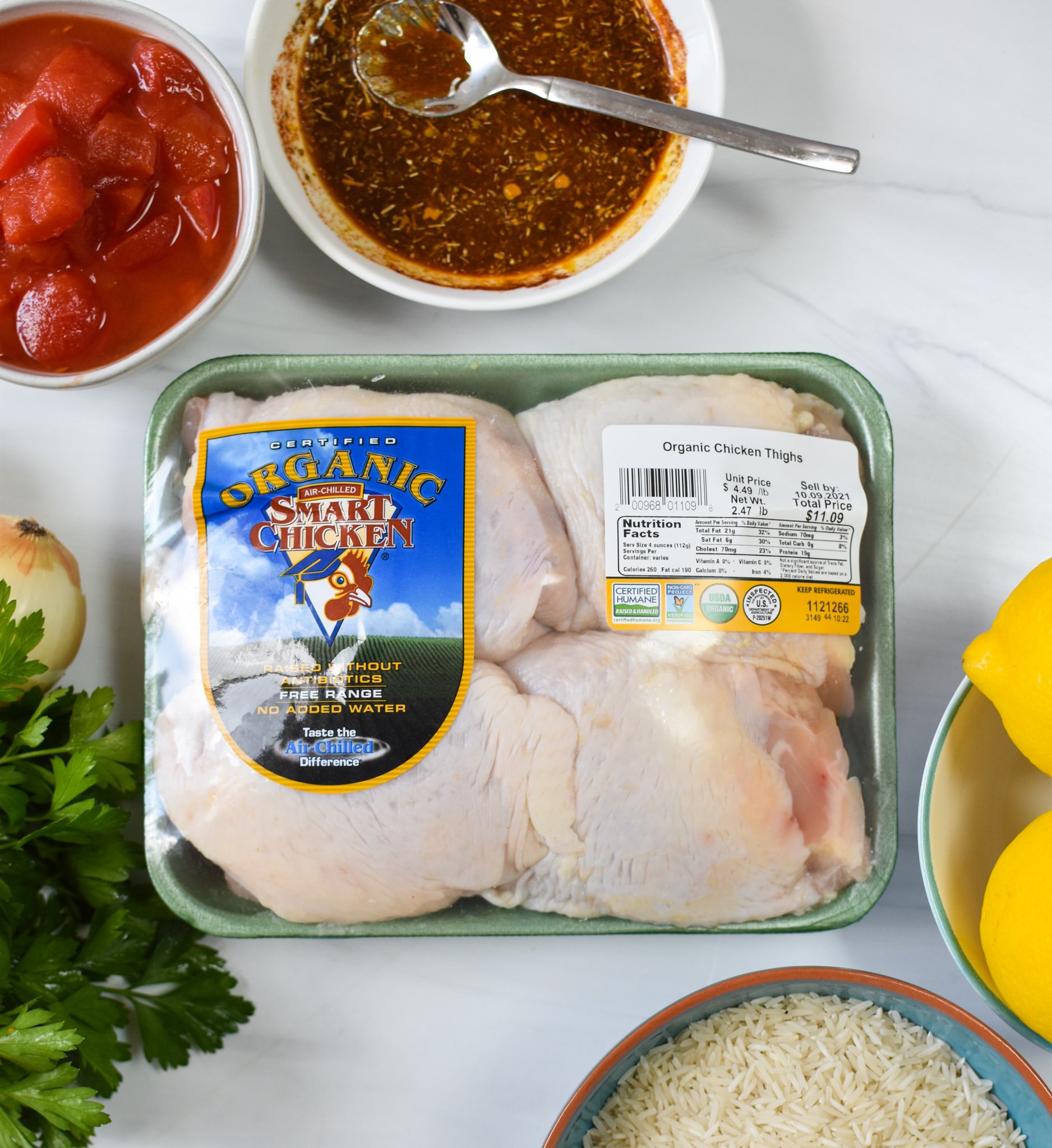 One Pot Mediterranean Chicken and Rice ingredients. 