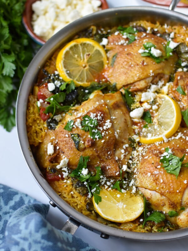 One Pot Mediterranean Chicken and Rice in a pot.