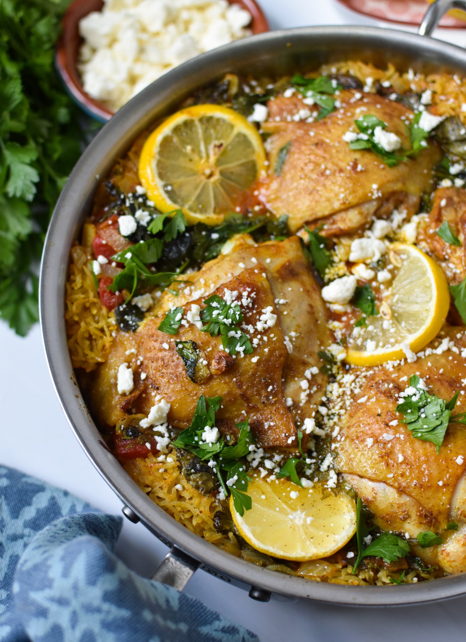 One Pot Mediterranean Chicken and Rice in a pot.