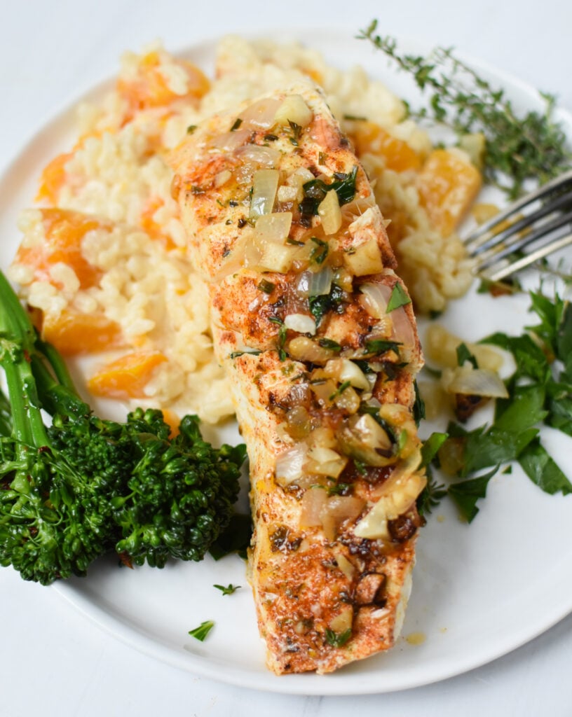 Lemon Garlic Halibut Recipe with butternut squash risotto.