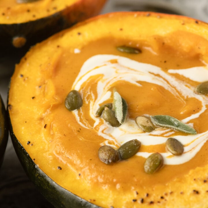 Butternut Squash and Sweet Potato Soup in an acorn squash bowl.