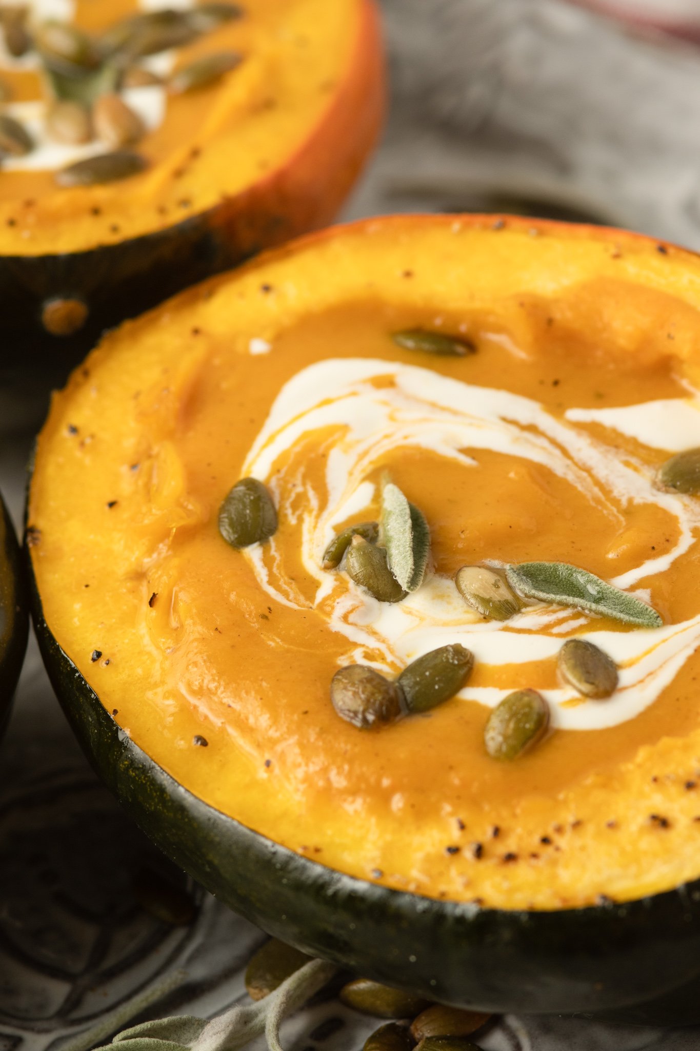 Butternut Squash and Sweet Potato Soup in an acorn squash bowl.