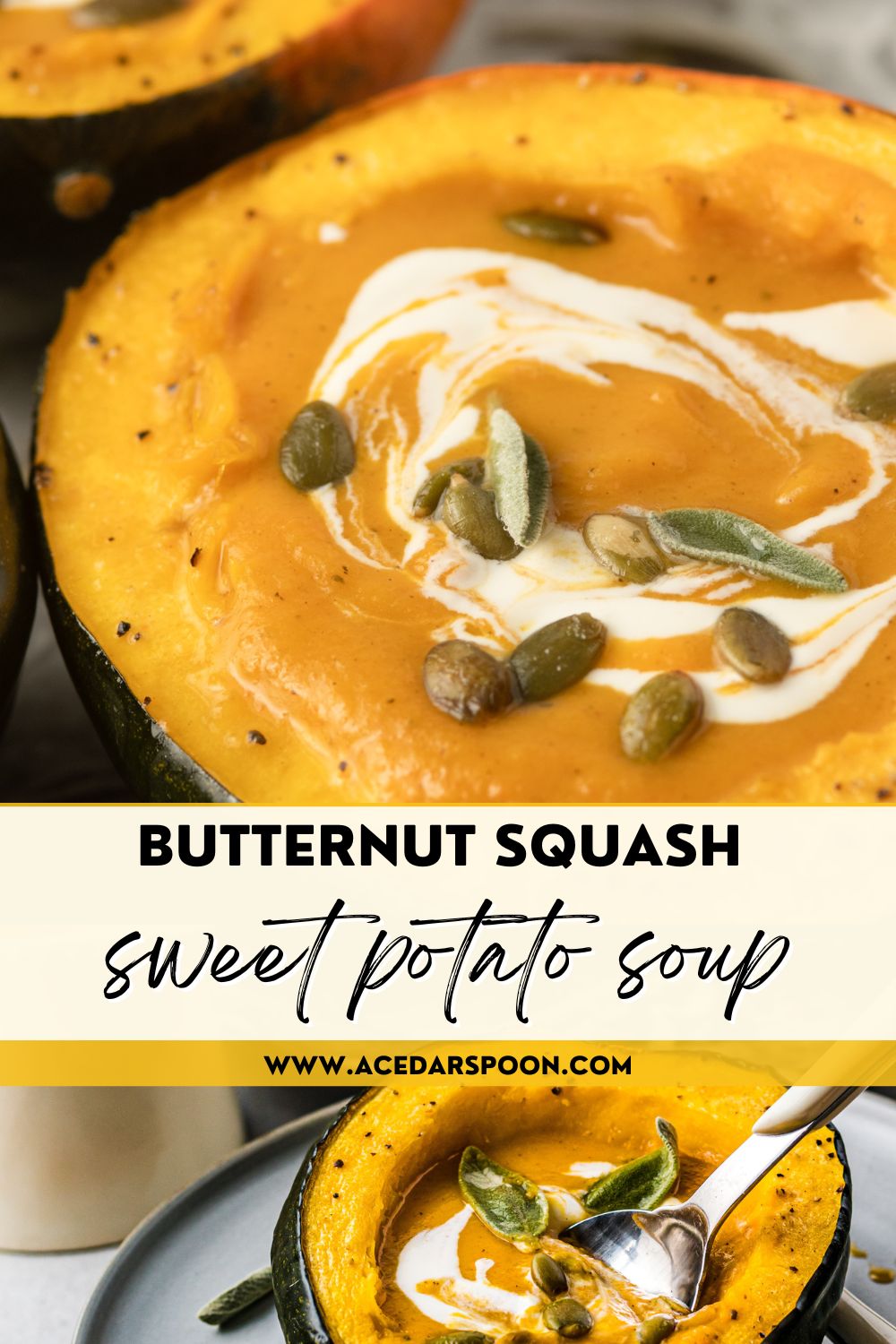 Butternut Squash and Sweet Potato Soup with logo. 
