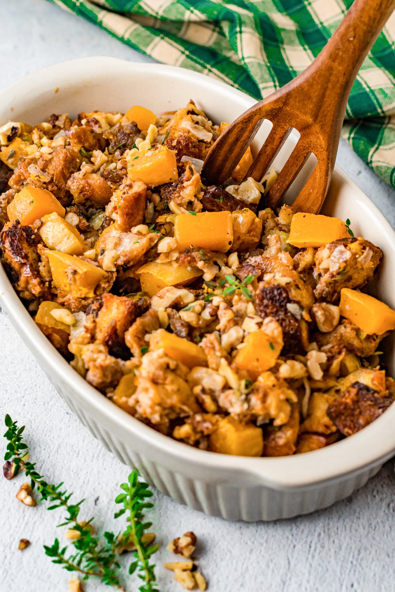 Butternut Squash Stuffing in a white bowl.