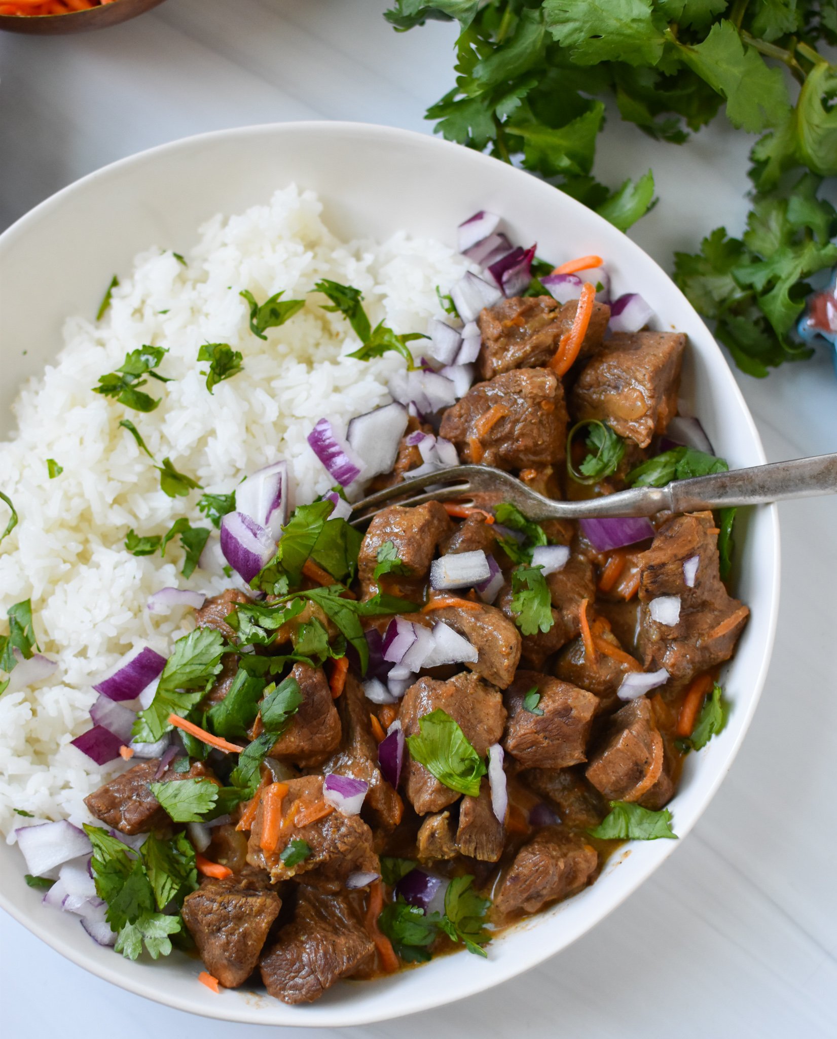 Slow Cooker Beef Curry with carrots and cilantro. 