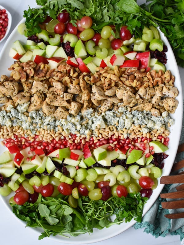 Waldorf Salad Recipe on a white platter.