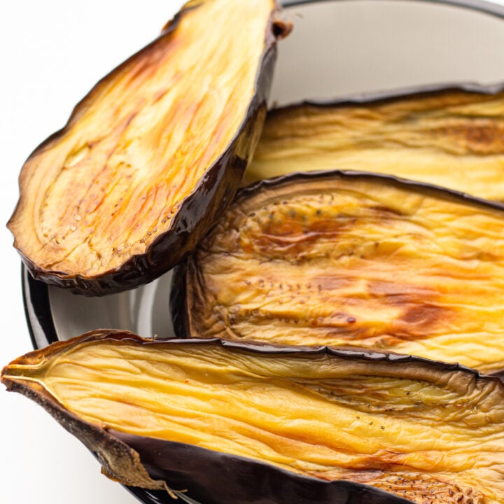 Air Fryer Eggplant in the air fryer cooking.